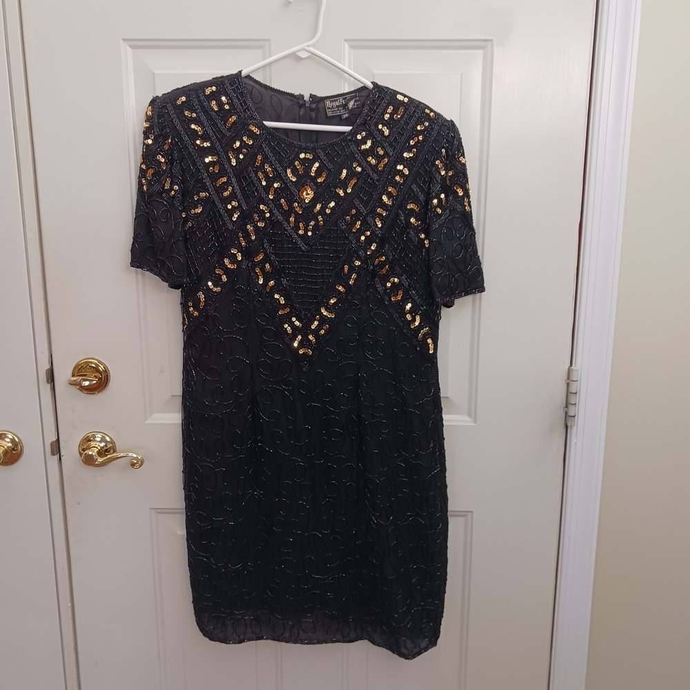 Vintage Royal Feelings Silk Beaded Sequin Dress Black Gold Cocktail Party‎ Sz M